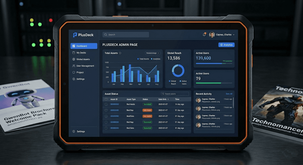 PlusDeck TAB rugged field tablet showing the PlusDeck admin dashboard